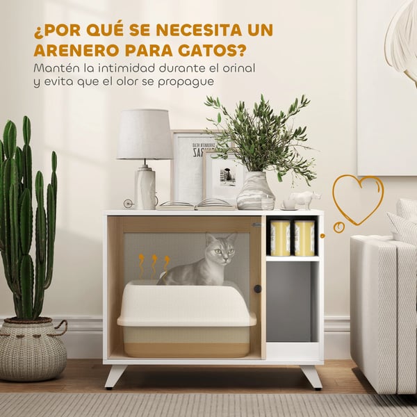 Kattlådeskåp - Sidobord med hylla - Dörr med sisal - Anti-spårningsmatta - Dold design - 77×50×63 cm - Vit och ek