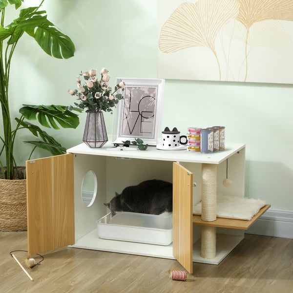 Kattlådemöbel - Kattlådeskåp - Lekcenter - Kudde och boll - Sidodörr - Halkfria fötter - 94×48×50,5 cm - Ek och vit