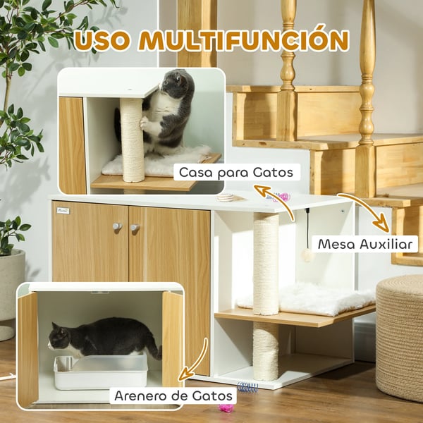 Kattlådemöbel - Kattlådeskåp - Lekcenter - Kudde och boll - Sidodörr - Halkfria fötter - 94×48×50,5 cm - Ek och vit