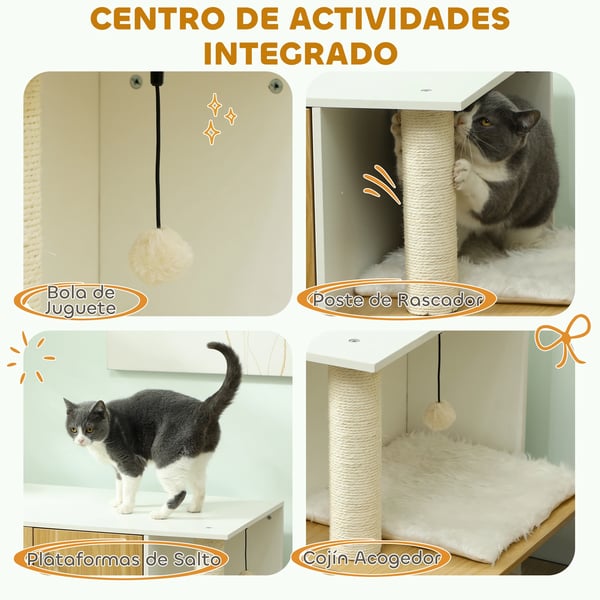 Kattlådemöbel - Kattlådeskåp - Lekcenter - Kudde och boll - Sidodörr - Halkfria fötter - 94×48×50,5 cm - Ek och vit