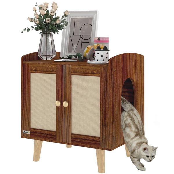 Kattlådeskåp - Sidobord - Med dörrar - Sisalmatta - Dold katttoalett - För vardagsrum och sovrum - 55 x 43 x 59,6 cm - Brun