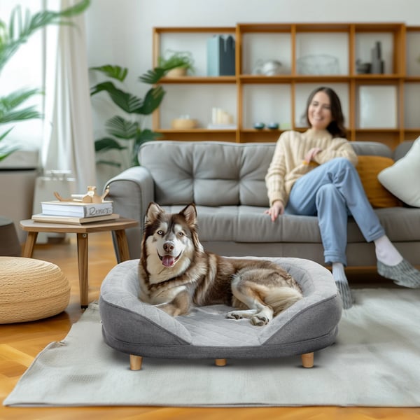 Husdjursoffa - Hundsoffa/Kattsäng - Avtagbar toppdel - Tvättbart överdrag - Träben - Max 25 kg - 90 x 78 x 25 cm - Grå