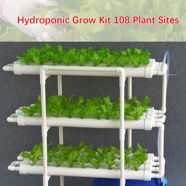 Hydroponisk dyrkningssæt - 3-lags system - 108 plantehuller - PVC-U - Rør Ø 6,3 cm - Hul Ø 3,2 cm - Slange 1,2 m - Hvid