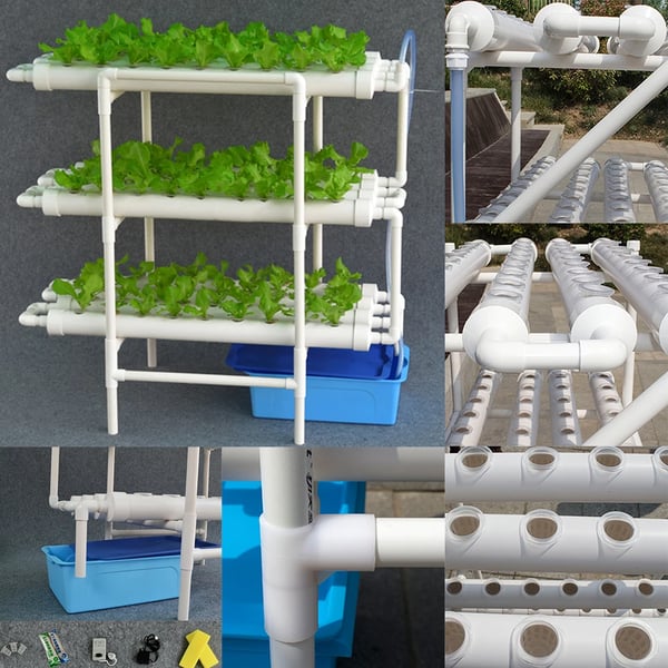 Hydroponisk dyrkningssæt - Rørsystem til planter - 90 plantehuller - 3 lag - PVC-U - Rør Ø 6,3 cm - Hul Ø 3,2 cm - Lysegrå