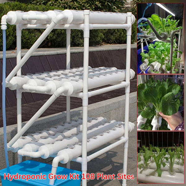 Hydroponisk dyrkningssæt - Rørsystem til planter - 90 plantehuller - 3 lag - PVC-U - Rør Ø 6,3 cm - Hul Ø 3,2 cm - Lysegrå