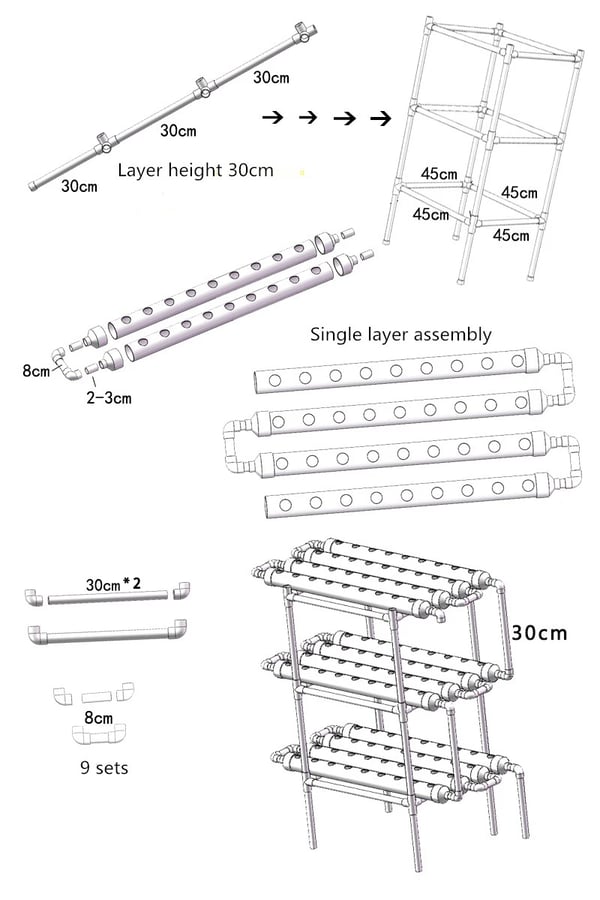 Hydroponisk dyrkningssæt - Rørsystem til planter - 90 plantehuller - 3 lag - PVC-U - Rør Ø 6,3 cm - Hul Ø 3,2 cm - Lysegrå