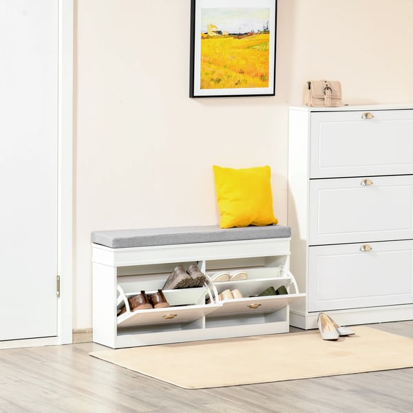 Skobänk med förvaring - Skohylla & sittbänk - 2 lådor - Justerbara hyllor - Plats för 8 par - 104×24×55 cm - Montering krävs - Vit