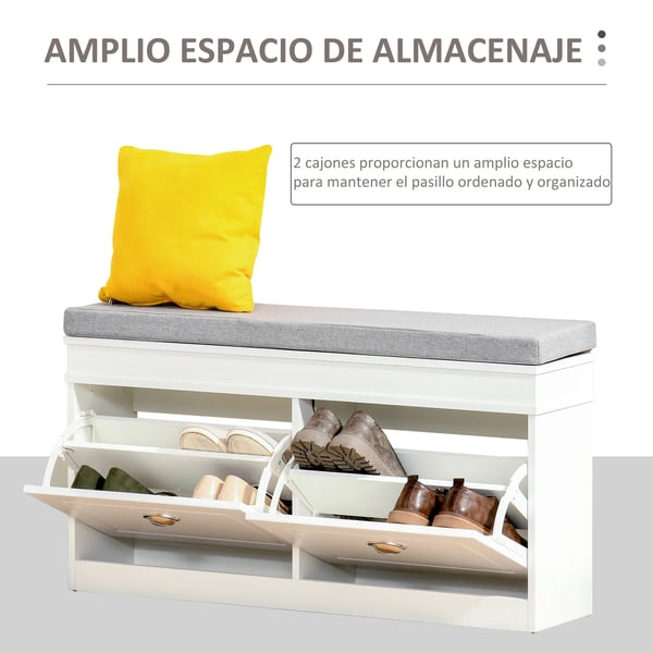 Skobänk med förvaring - Skohylla & sittbänk - 2 lådor - Justerbara hyllor - Plats för 8 par - 104×24×55 cm - Montering krävs - Vit