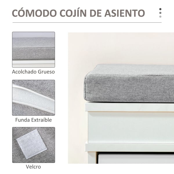 Skobänk med förvaring - Skohylla & sittbänk - 2 lådor - Justerbara hyllor - Plats för 8 par - 104×24×55 cm - Montering krävs - Vit