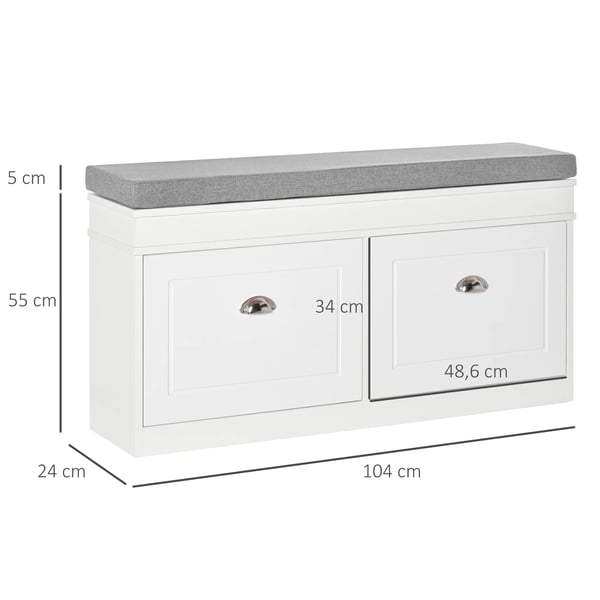 Skobänk med förvaring - Skohylla & sittbänk - 2 lådor - Justerbara hyllor - Plats för 8 par - 104×24×55 cm - Montering krävs - Vit