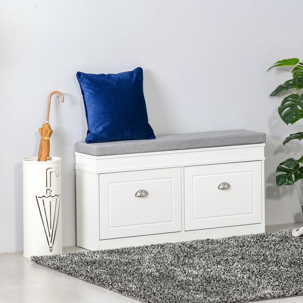 Skobänk med förvaring - Skohylla & sittbänk - 2 lådor - Justerbara hyllor - Plats för 8 par - 104×24×55 cm - Montering krävs - Vit