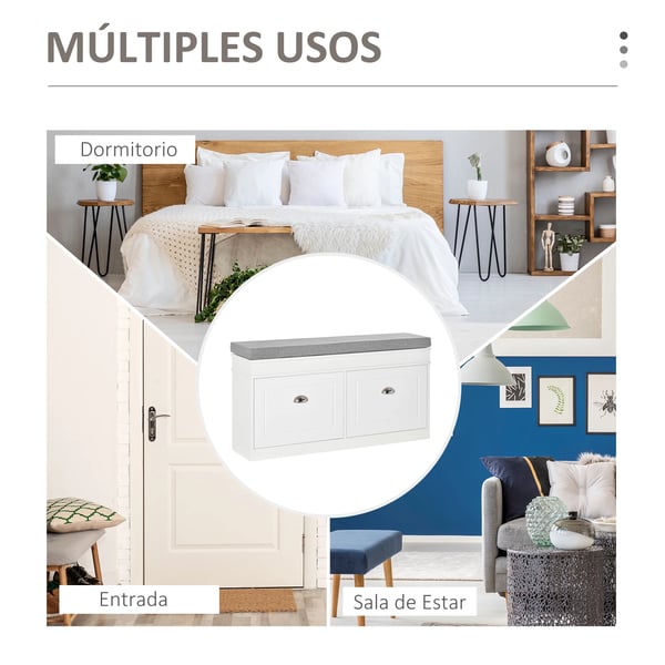 Skobänk med förvaring - Skohylla & sittbänk - 2 lådor - Justerbara hyllor - Plats för 8 par - 104×24×55 cm - Montering krävs - Vit
