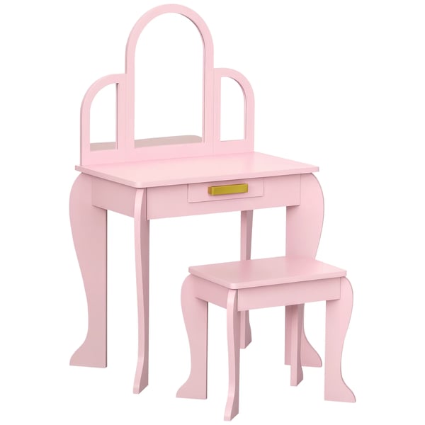 Barn sminkbord - Toalettbord med spegel och pall - Med låda - Trä - För barn 3–6 år - Montering krävs - Rosa