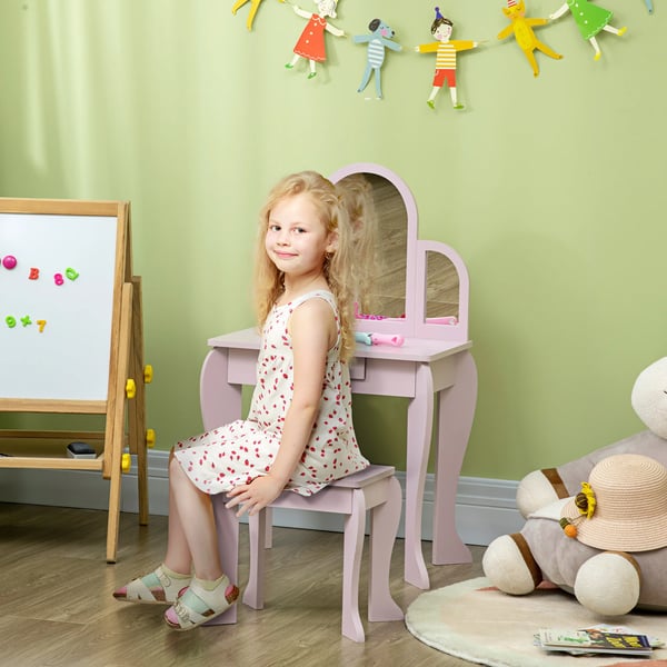 Barn sminkbord - Toalettbord med spegel och pall - Med låda - Trä - För barn 3–6 år - Montering krävs - Rosa