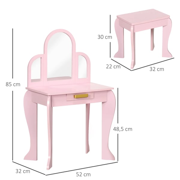 Barn sminkbord - Toalettbord med spegel och pall - Med låda - Trä - För barn 3–6 år - Montering krävs - Rosa