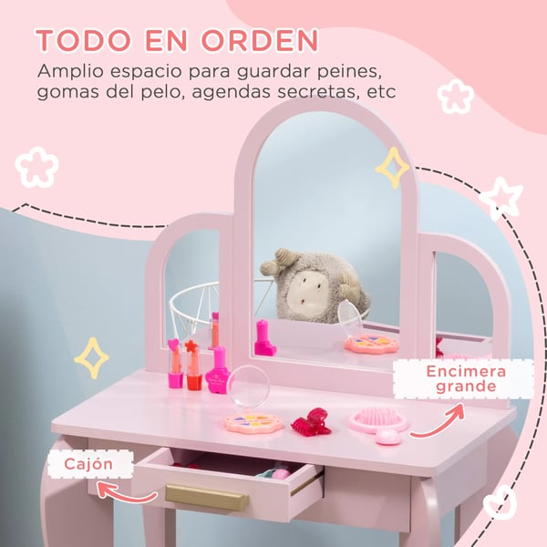 Barn sminkbord - Toalettbord med spegel och pall - Med låda - Trä - För barn 3–6 år - Montering krävs - Rosa