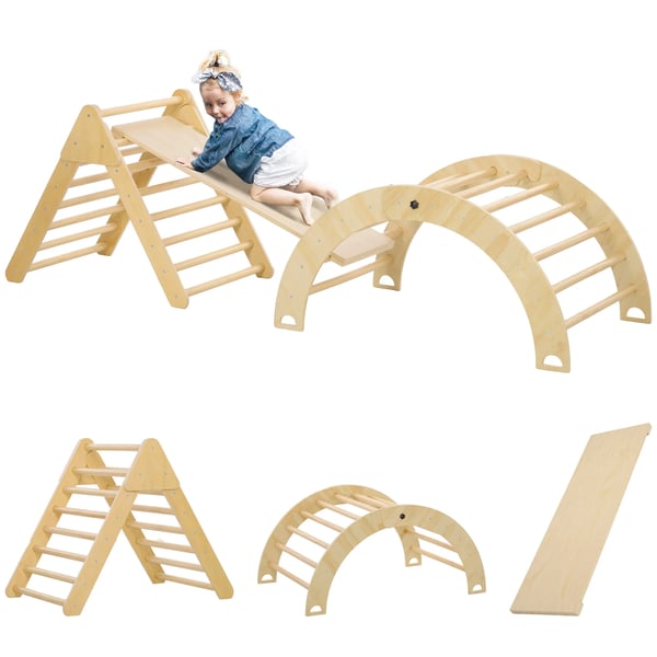 Klättertriangel för barn - Klätterställning med ramp & båge - 18–48 månader - 219×72,5×68,5 cm - Furu-multiplex - Naturträ