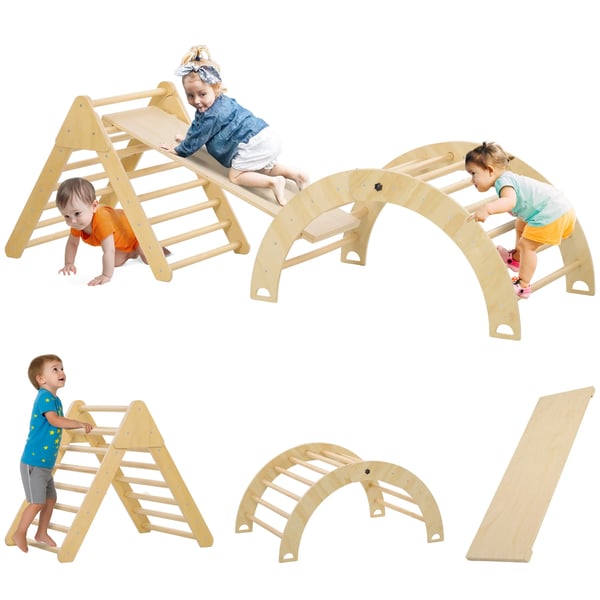 Klättertriangel för barn - Klätterställning med ramp & båge - 18–48 månader - 219×72,5×68,5 cm - Furu-multiplex - Naturträ