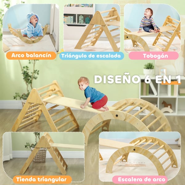 Klättertriangel för barn - Klätterställning med ramp & båge - 18–48 månader - 219×72,5×68,5 cm - Furu-multiplex - Naturträ
