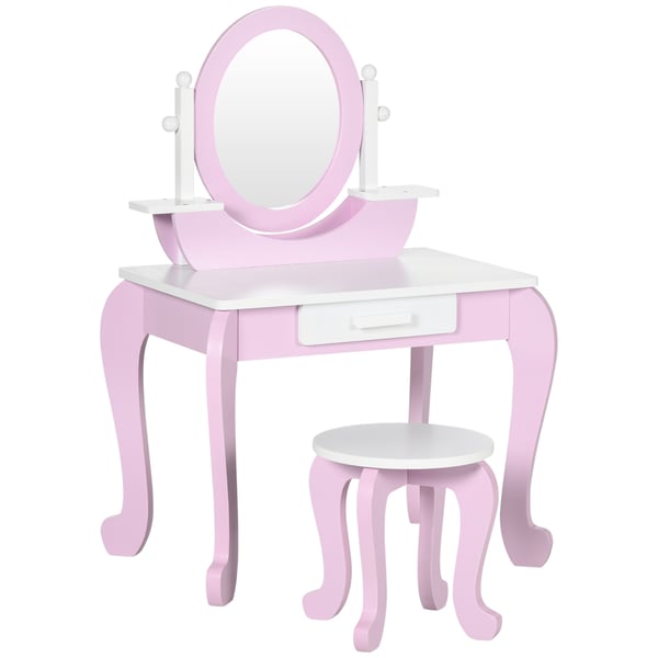 Sminkbord för barn - Toalettbord med spegel och pall - Trä - 1 låda - 65,5×46×93 cm - För 3–6 år - Rosa