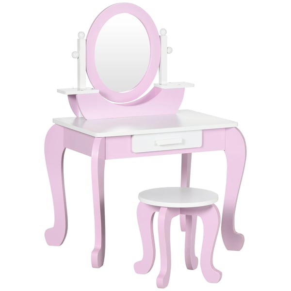 Sminkbord för barn - Toalettbord med spegel och pall - Trä - 1 låda - 65,5×46×93 cm - För 3–6 år - Rosa