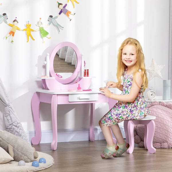 Sminkbord för barn - Toalettbord med spegel och pall - Trä - 1 låda - 65,5×46×93 cm - För 3–6 år - Rosa
