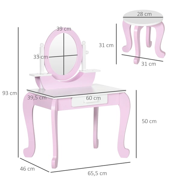 Sminkbord för barn - Toalettbord med spegel och pall - Trä - 1 låda - 65,5×46×93 cm - För 3–6 år - Rosa