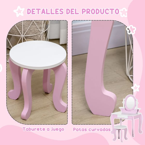 Sminkbord för barn - Toalettbord med spegel och pall - Trä - 1 låda - 65,5×46×93 cm - För 3–6 år - Rosa