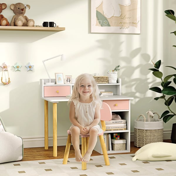 Barnskrivbord med stol - Set - Med lådor, hyllor och förvaringsfack - MDF - 85 x 48 x 73 cm - Montering krävs - Rosa