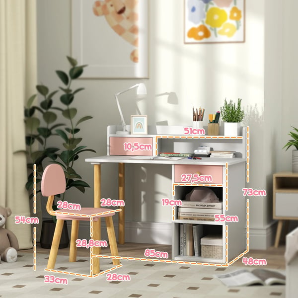 Barnskrivbord med stol - Set - Med lådor, hyllor och förvaringsfack - MDF - 85 x 48 x 73 cm - Montering krävs - Rosa