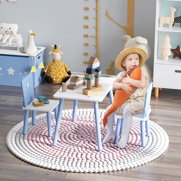 Barnbord med stolar - Set - MDF & Furu - Bord 60×40×43 cm - Stolar 28×26×48 cm - Ålder 2–4 år - Montering - Vit/Blå