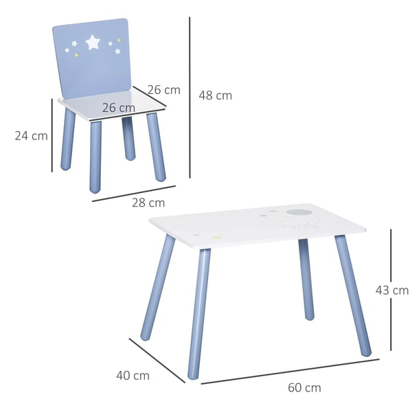 Barnbord med stolar - Set - MDF & Furu - Bord 60×40×43 cm - Stolar 28×26×48 cm - Ålder 2–4 år - Montering - Vit/Blå
