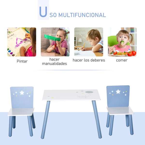 Barnbord med stolar - Set - MDF & Furu - Bord 60×40×43 cm - Stolar 28×26×48 cm - Ålder 2–4 år - Montering - Vit/Blå