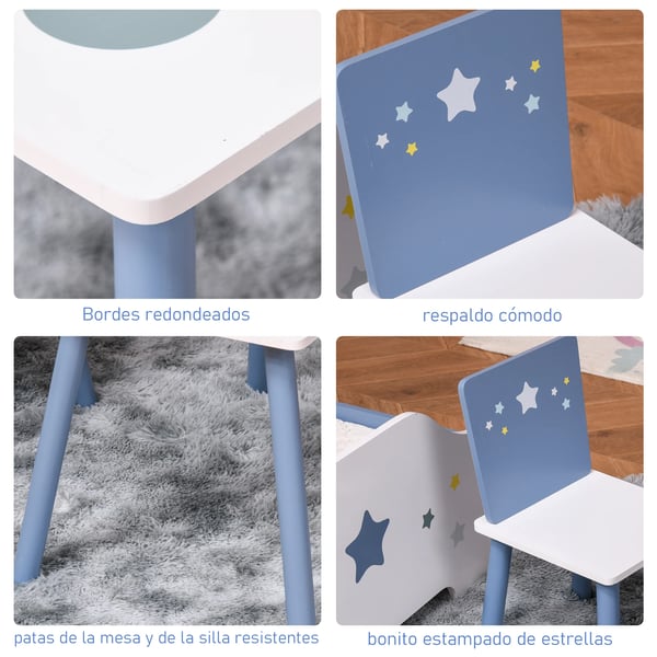 Barnbord med stolar - Set - MDF & Furu - Bord 60×40×43 cm - Stolar 28×26×48 cm - Ålder 2–4 år - Montering - Vit/Blå