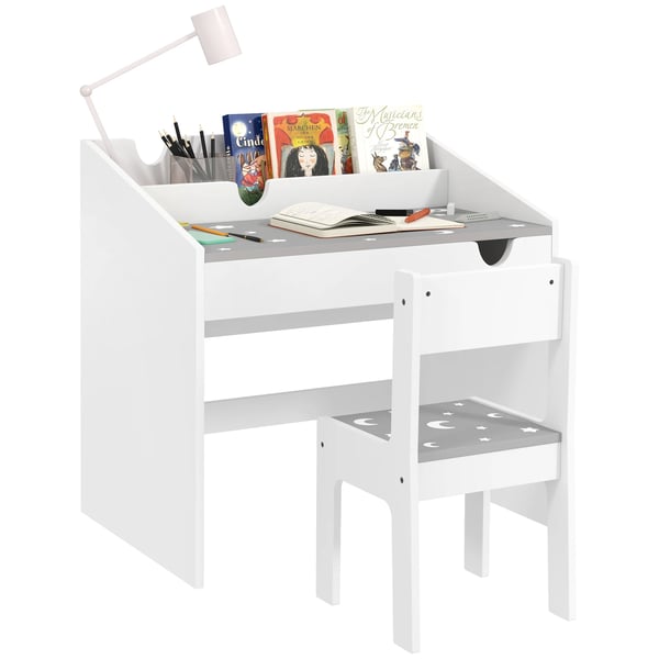 Skrivbord och stol för barn - Set - Från 3 år - MDF - Mått 69 x 50 x 75 cm - Avtagbar låda och fack - Montering krävs - Ljusgrå