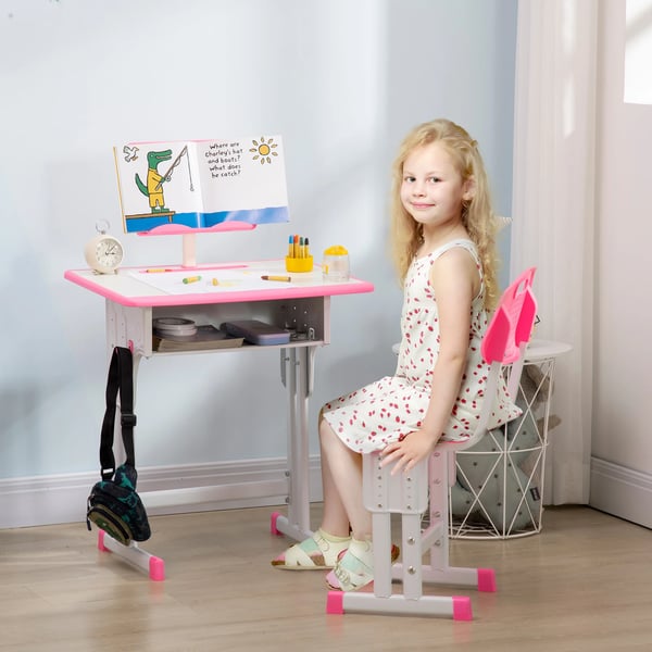 Barnskrivbord och stol - Set - För 6+ år - Höj- och sänkbar - Med 1 låda och bokhylla - 60×45×102 cm - Rosa