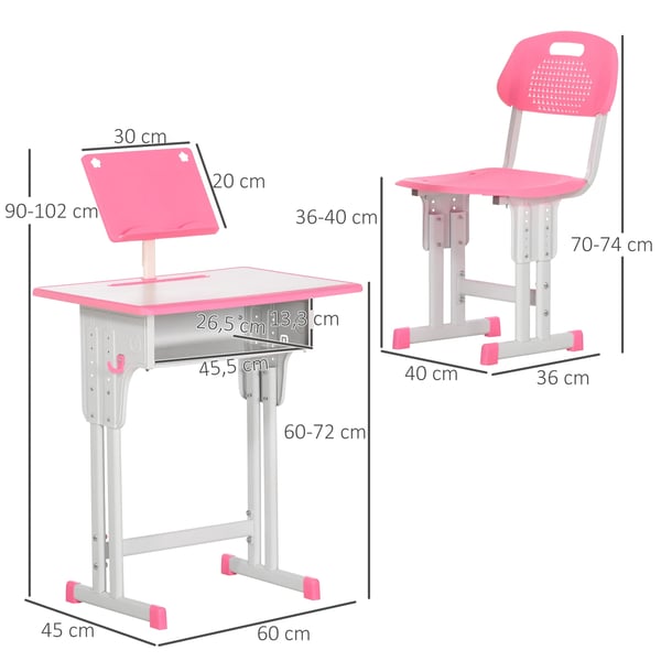 Barnskrivbord och stol - Set - För 6+ år - Höj- och sänkbar - Med 1 låda och bokhylla - 60×45×102 cm - Rosa