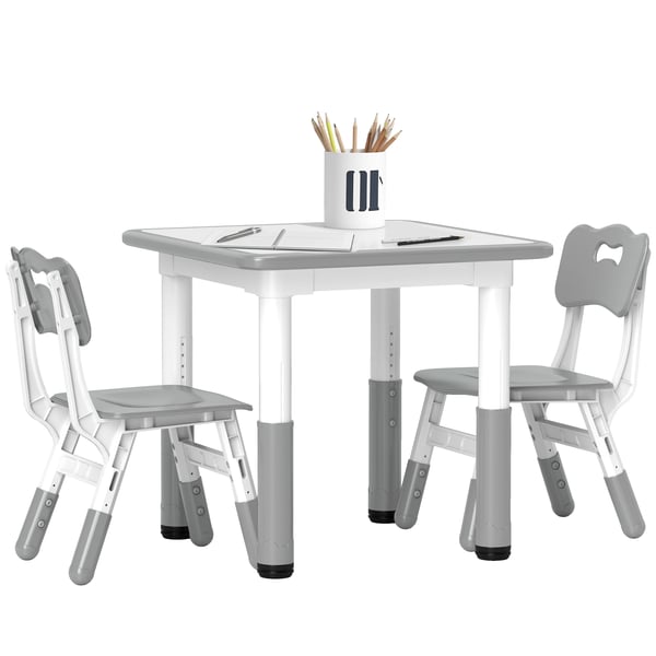 Barnbord med 2 stolar - Höjdjusterbart set - För barn 18 mån–5 år - Lätt att rengöra - PP & MDF - 60×60×58 cm - Montering krävs - Vit och grå