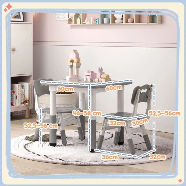 Barnbord med 2 stolar - Höjdjusterbart set - För barn 18 mån–5 år - Lätt att rengöra - PP & MDF - 60×60×58 cm - Montering krävs - Vit och grå