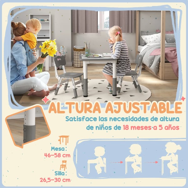 Barnbord med 2 stolar - Höjdjusterbart set - För barn 18 mån–5 år - Lätt att rengöra - PP & MDF - 60×60×58 cm - Montering krävs - Vit och grå