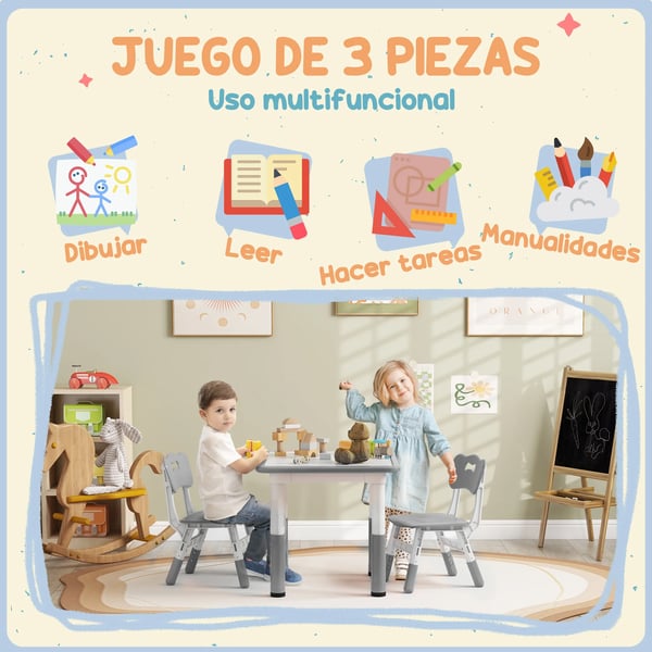 Barnbord med 2 stolar - Höjdjusterbart set - För barn 18 mån–5 år - Lätt att rengöra - PP & MDF - 60×60×58 cm - Montering krävs - Vit och grå