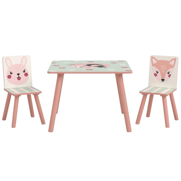 Barnbord med 2 stolar - 3-delat set - Storlek 60×60×44 cm - Material MDF och furu - För barn 3+ år - Montering krävs - Rosa och vit