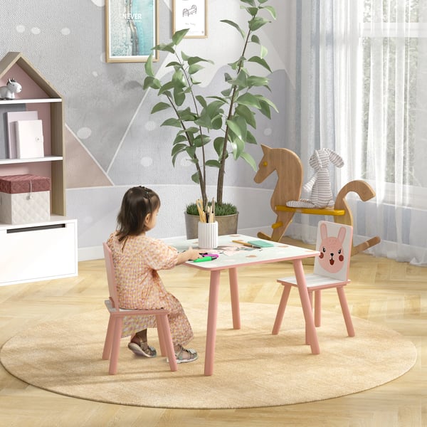 Barnbord med 2 stolar - 3-delat set - Storlek 60×60×44 cm - Material MDF och furu - För barn 3+ år - Montering krävs - Rosa och vit