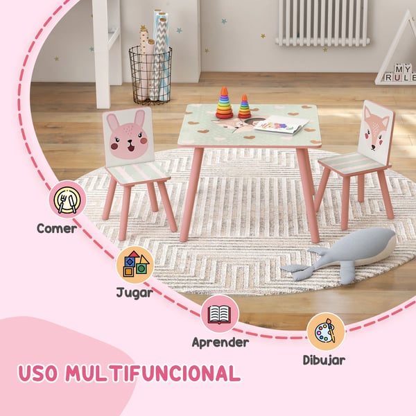 Barnbord med 2 stolar - 3-delat set - Storlek 60×60×44 cm - Material MDF och furu - För barn 3+ år - Montering krävs - Rosa och vit