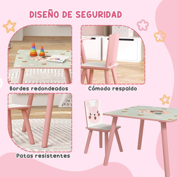 Barnbord med 2 stolar - 3-delat set - Storlek 60×60×44 cm - Material MDF och furu - För barn 3+ år - Montering krävs - Rosa och vit