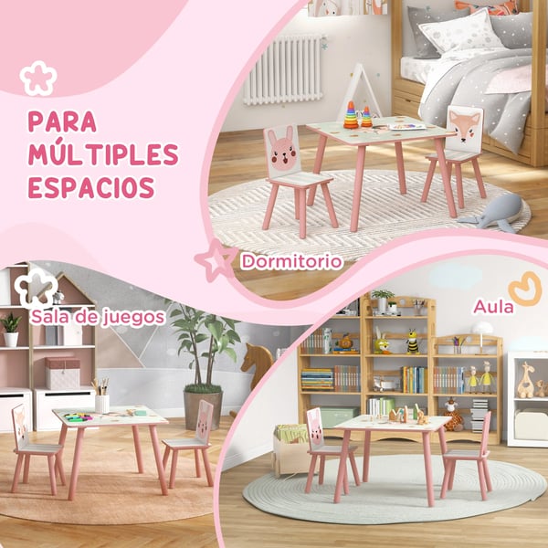 Barnbord med 2 stolar - 3-delat set - Storlek 60×60×44 cm - Material MDF och furu - För barn 3+ år - Montering krävs - Rosa och vit