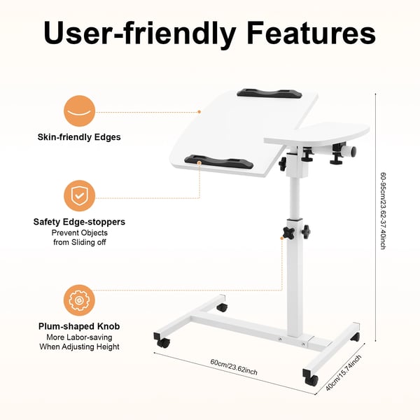 Laptopbord - Sengebord - Højdejusterbart 60–95 cm - Tiltbart 360° - Bordplade 60×40 cm - Bæreevne 7,5–10 kg - MDF & kulstofstål - Hvid