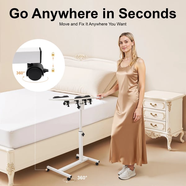 Laptopbord - Sengebord - Højdejusterbart 60–95 cm - Tiltbart 360° - Bordplade 60×40 cm - Bæreevne 7,5–10 kg - MDF & kulstofstål - Hvid