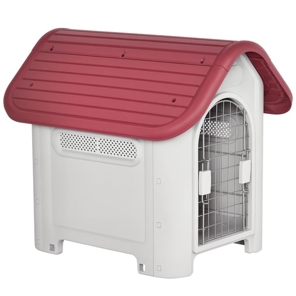 Hundkoja - 59×75×66 cm - 3 ventilationsöppningar, dörr & fönster - PP & metall - För trädgård & terrass - Grå/röd