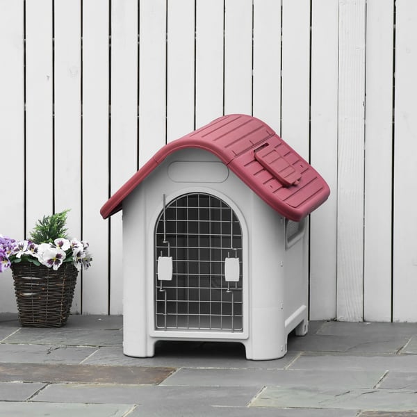 Hundkoja - 59×75×66 cm - 3 ventilationsöppningar, dörr & fönster - PP & metall - För trädgård & terrass - Grå/röd